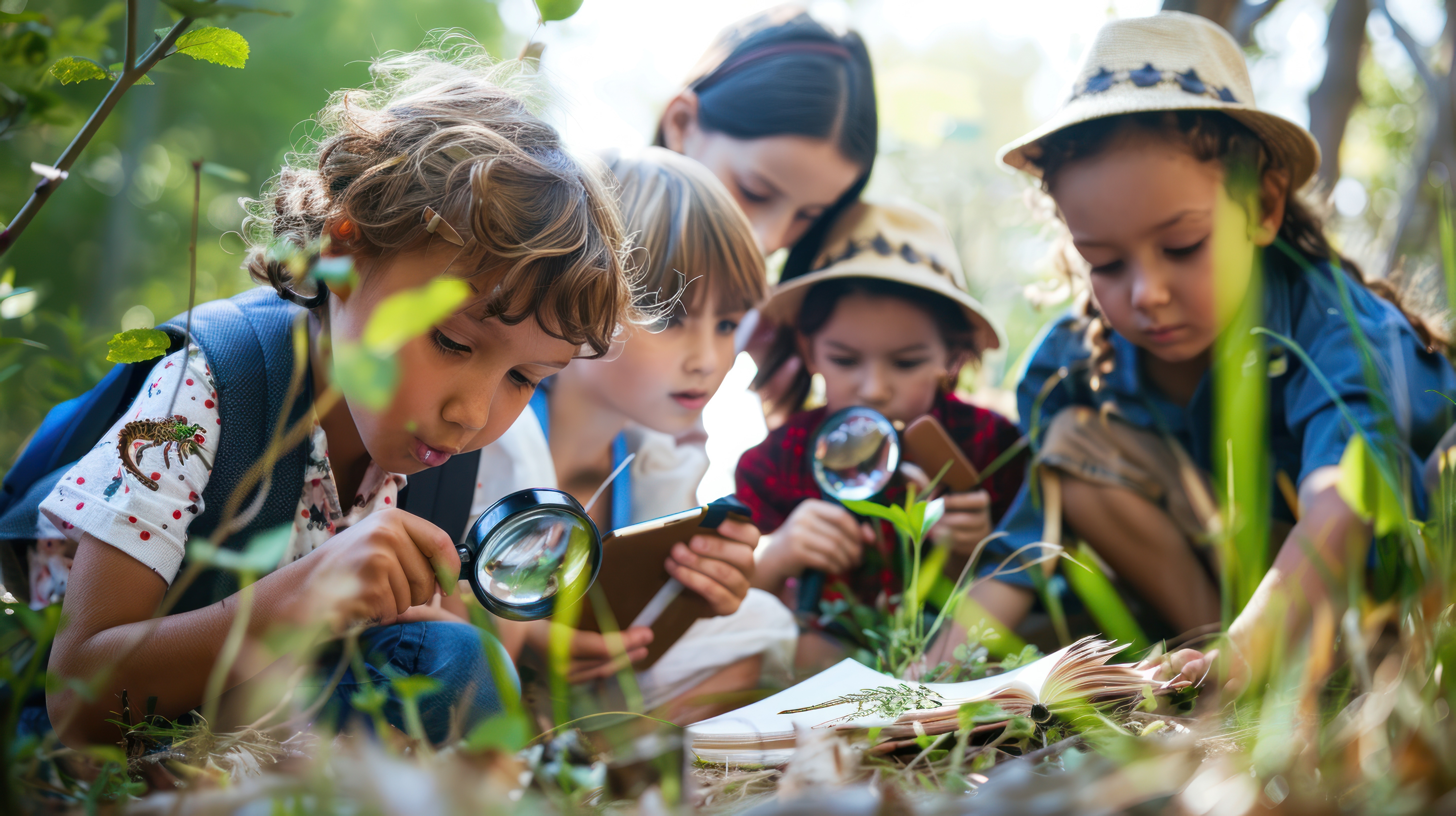 bambini studiano la natura in un parco con libri e lenti di ingrandimento